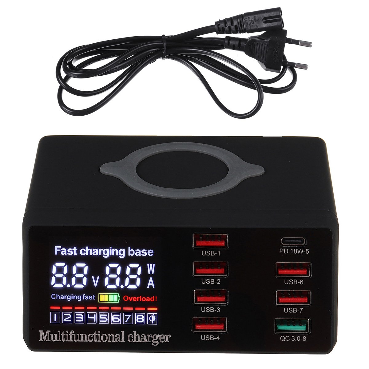 QC3.0 Wireless Muti-port USB Charger PD TYPE-C 8W Current Voltage Display Charging Station Travel Ch