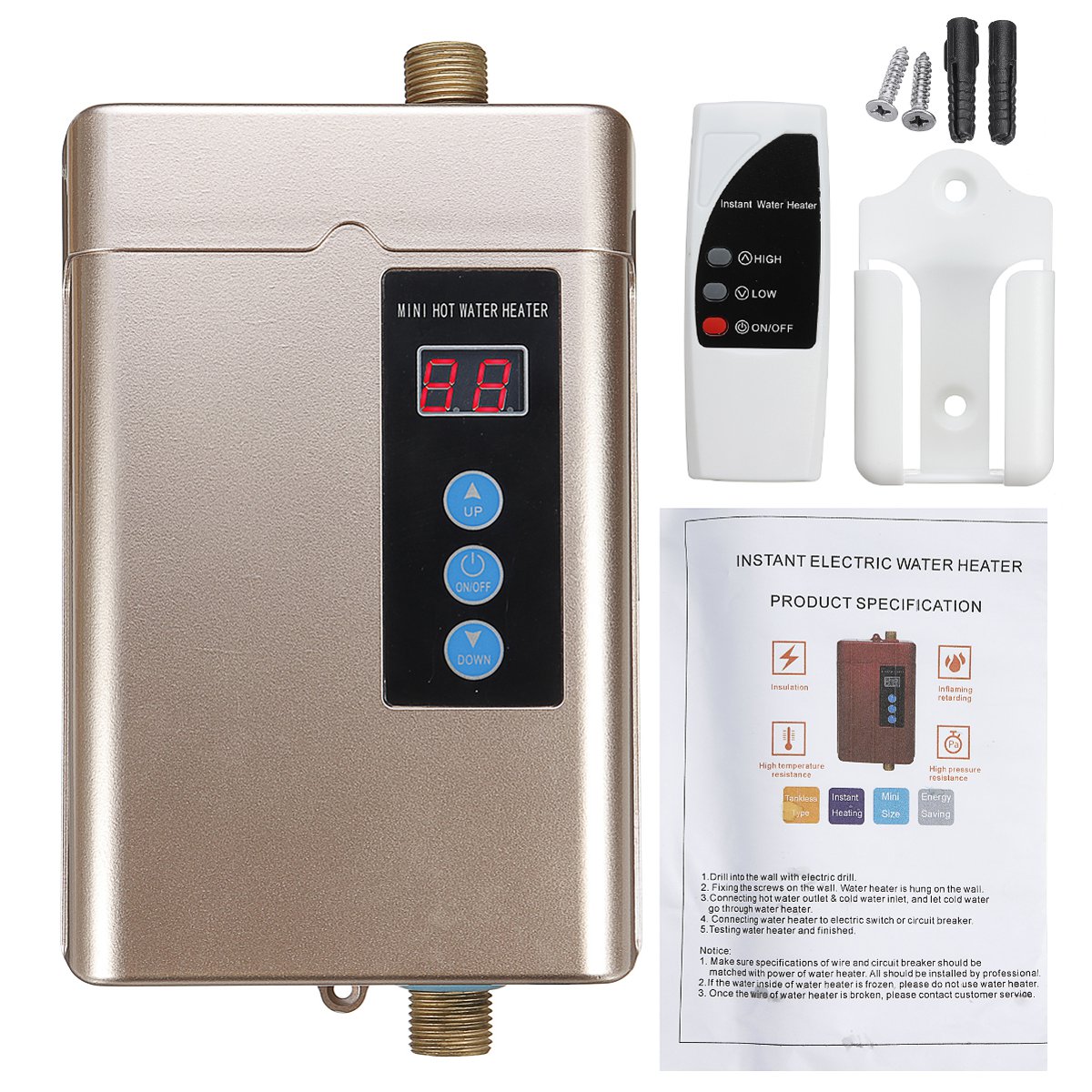 4000W Mini Electric Water Heater LCD Display Waterproof Tankless Hot Water Heater 3S Fast Heating wi