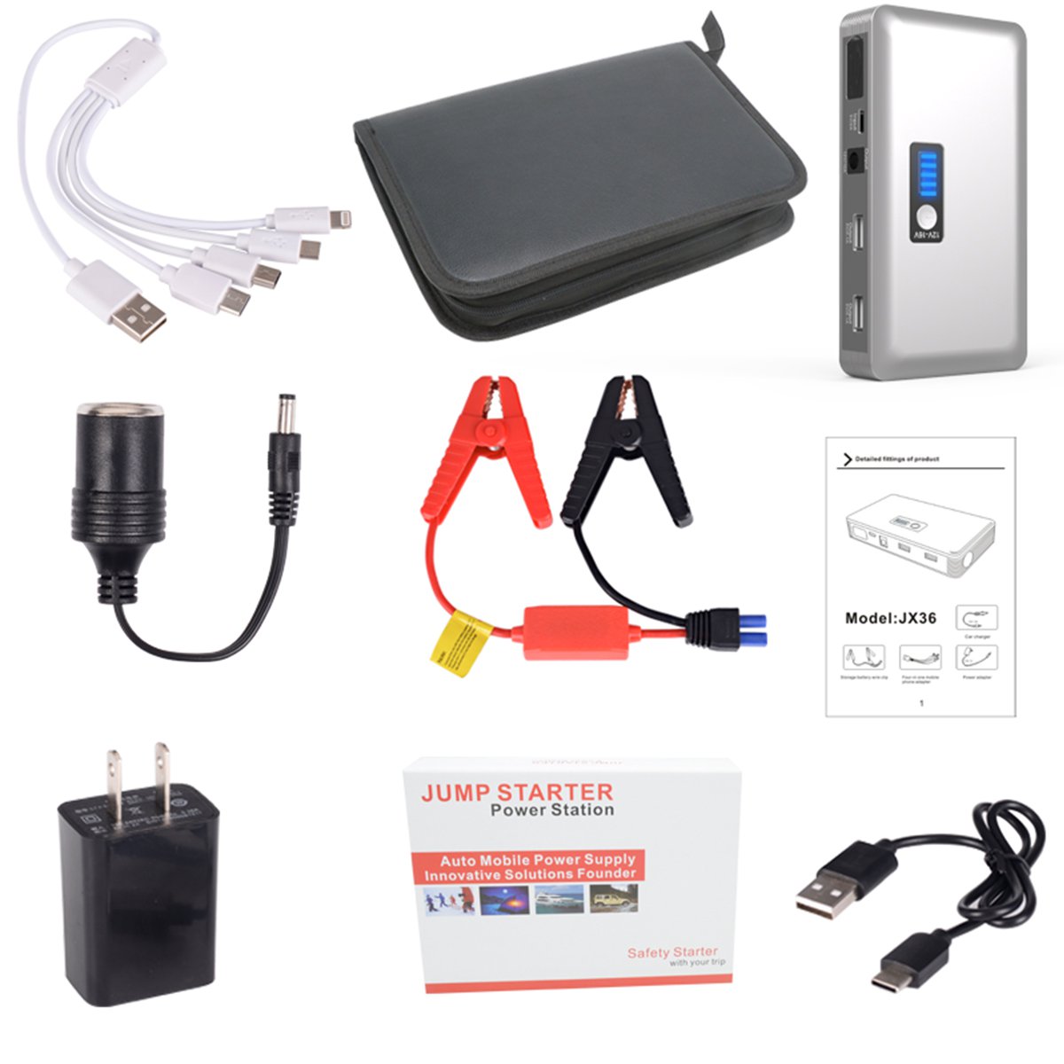 JX36 Display 98600mAh 12V Car Jump Starter Portable USB Emergency Power Bank Battery Booster Clamp 1