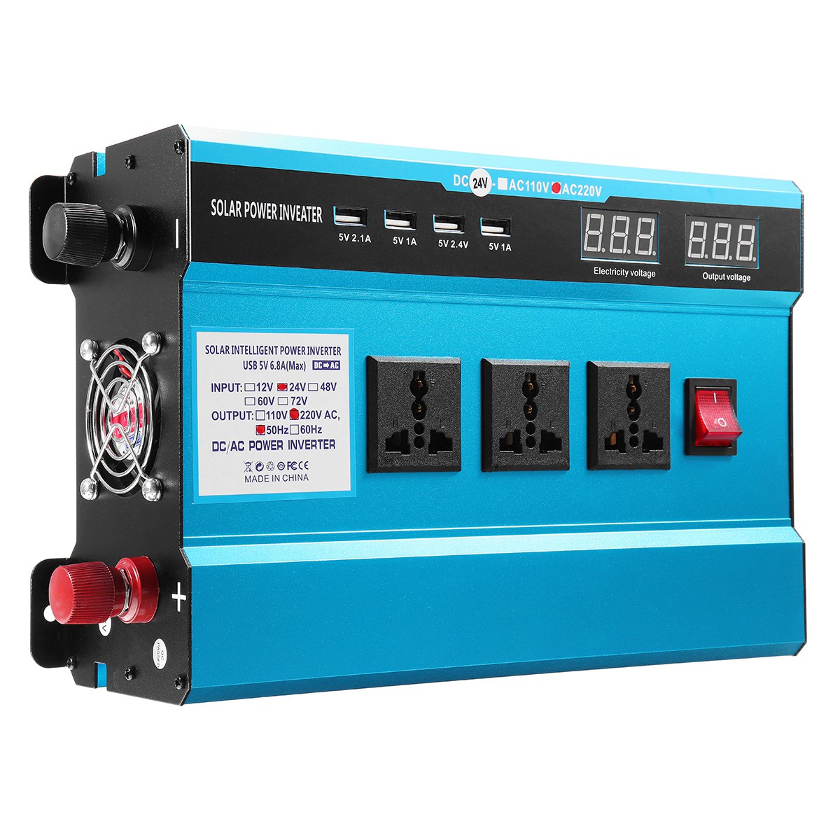 3000W Solar Inverter Voltage Dispaly 12/22V DC To 220V AC Power Inverter 3 AC Outlets 4 USB Ports