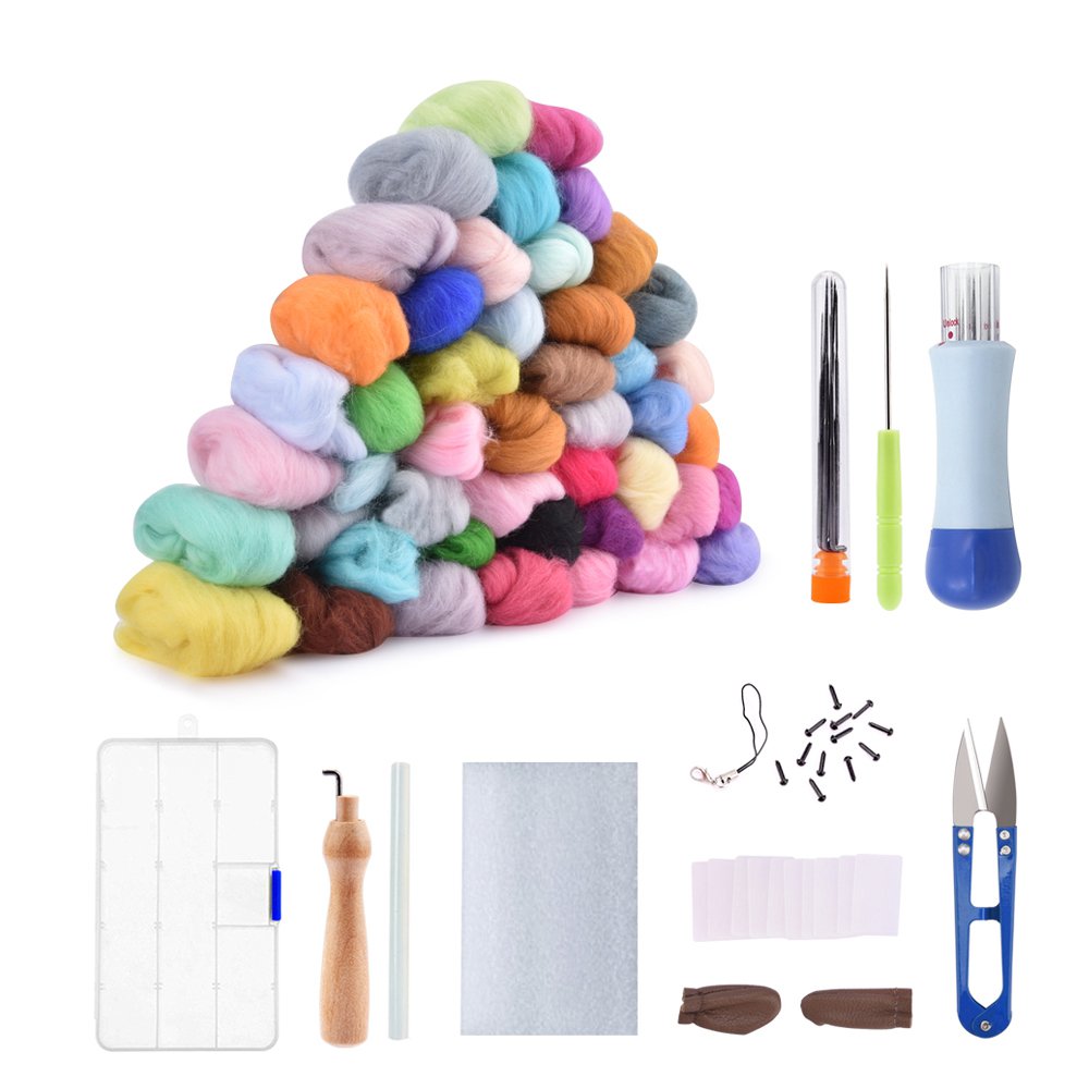 50 Color DIY Wool Felt Kit Needles Tool Set Handmade Needle Felting Mat Starter Fabric Sewing Kit w/