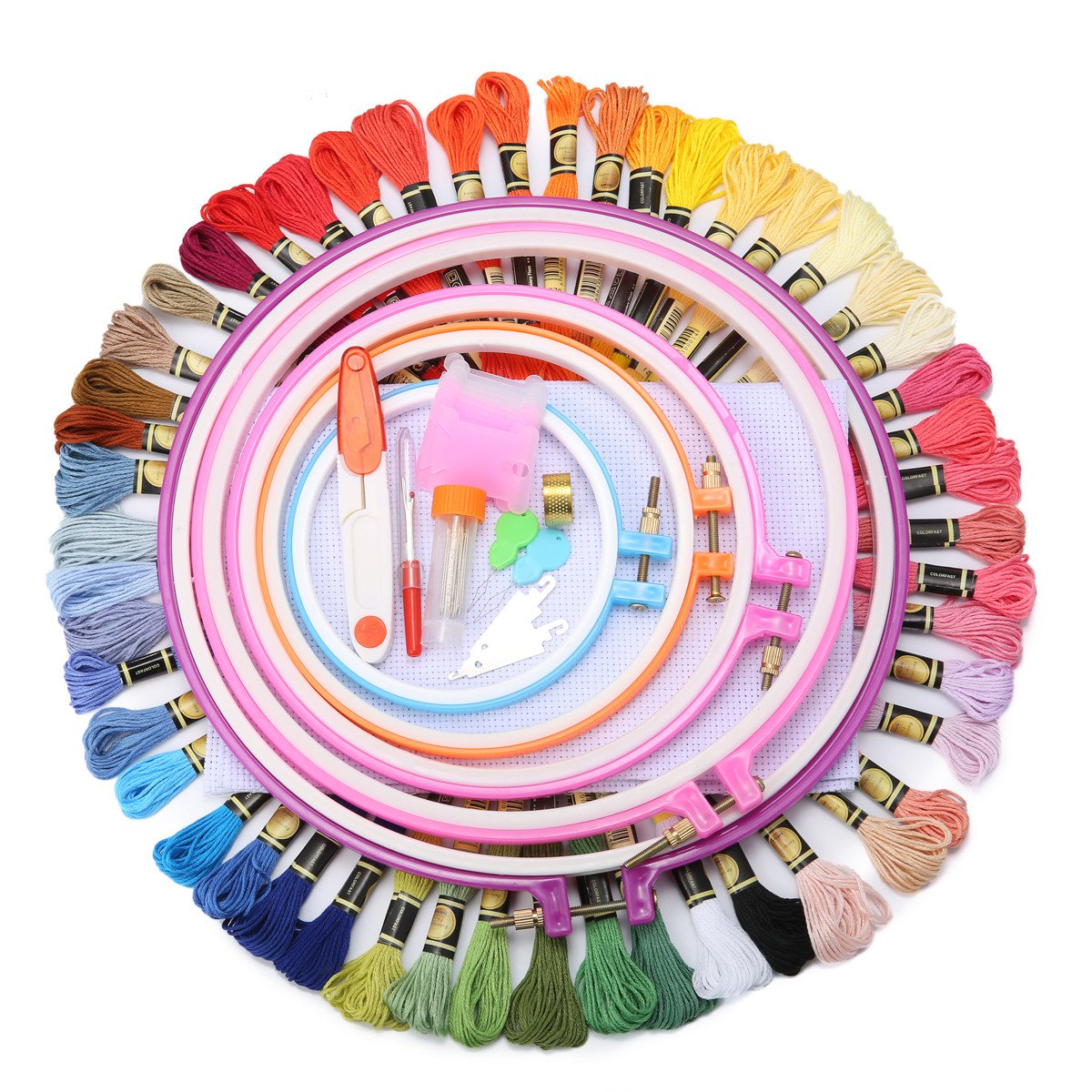 77Pcs Embroidery Circles Set 50 Colors Thread Sewing Tool Adjustable Skein