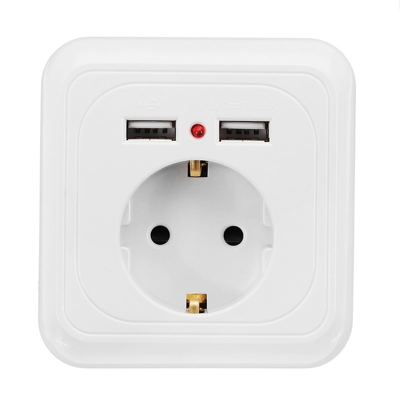 Excellway 250V 2.4A Dual USB Ports Wall Socket Switch Charger EU Plug Mount Power Adapter Outlet Pan