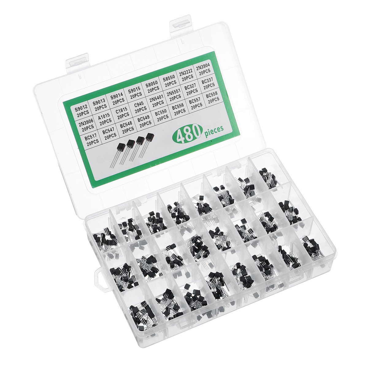 480Pcs 24 Types Silicon In-line NPN / PNP Transistor Assortment Kit Pack 2N2222