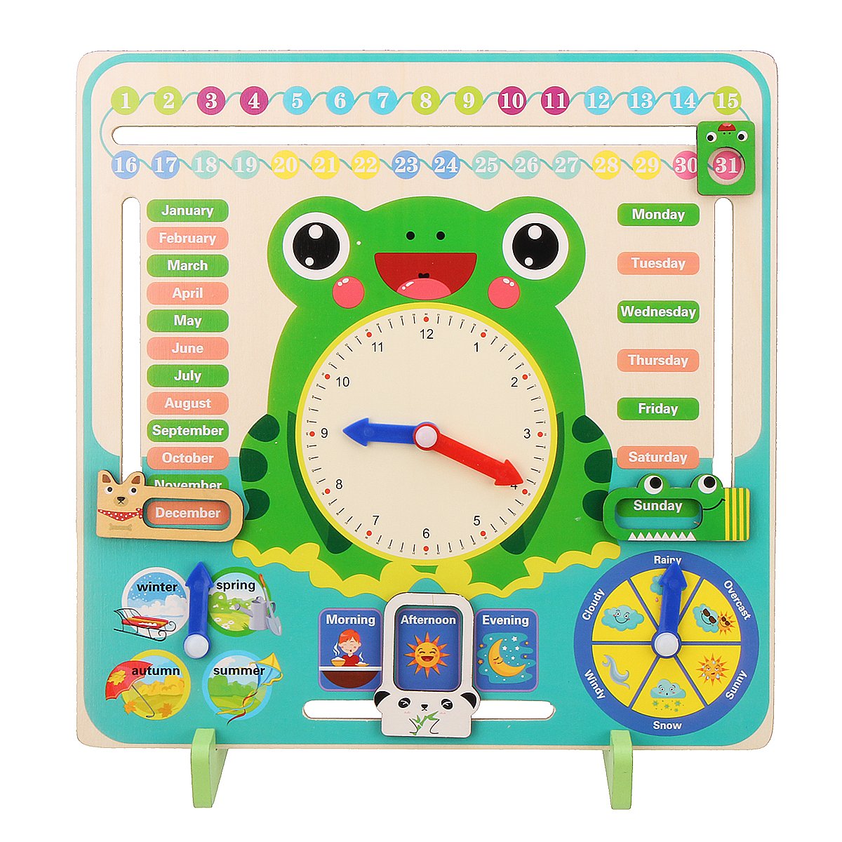 Kids Wooden Frog Clock Calendar Date Weather Board Learning Educational Toys