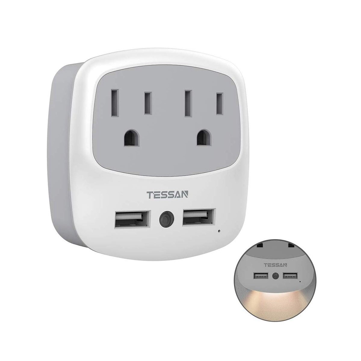 Multi US Plug Outlet Extender with 2 USB Wall Charger and Night Light for Cruise Ship Travel Power A
