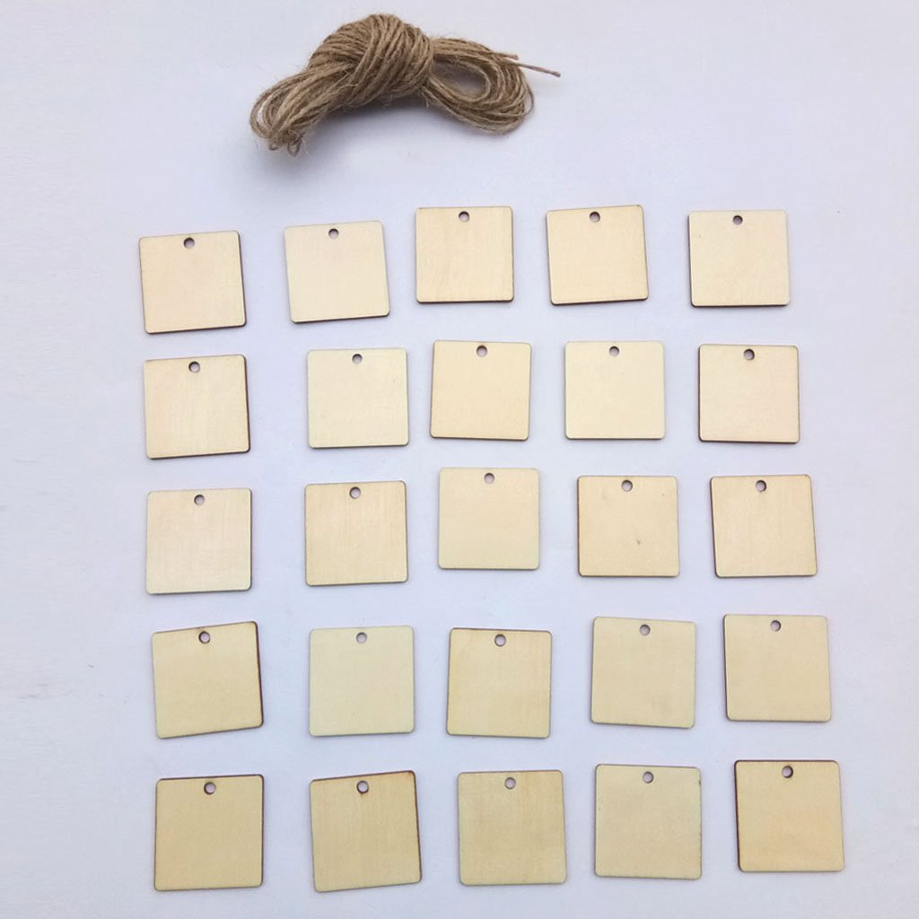 25Pcs Blank Square Wood Chips Sheet Hanging Tags Ornament Laser Engraving DIY Art Wedding Decoration