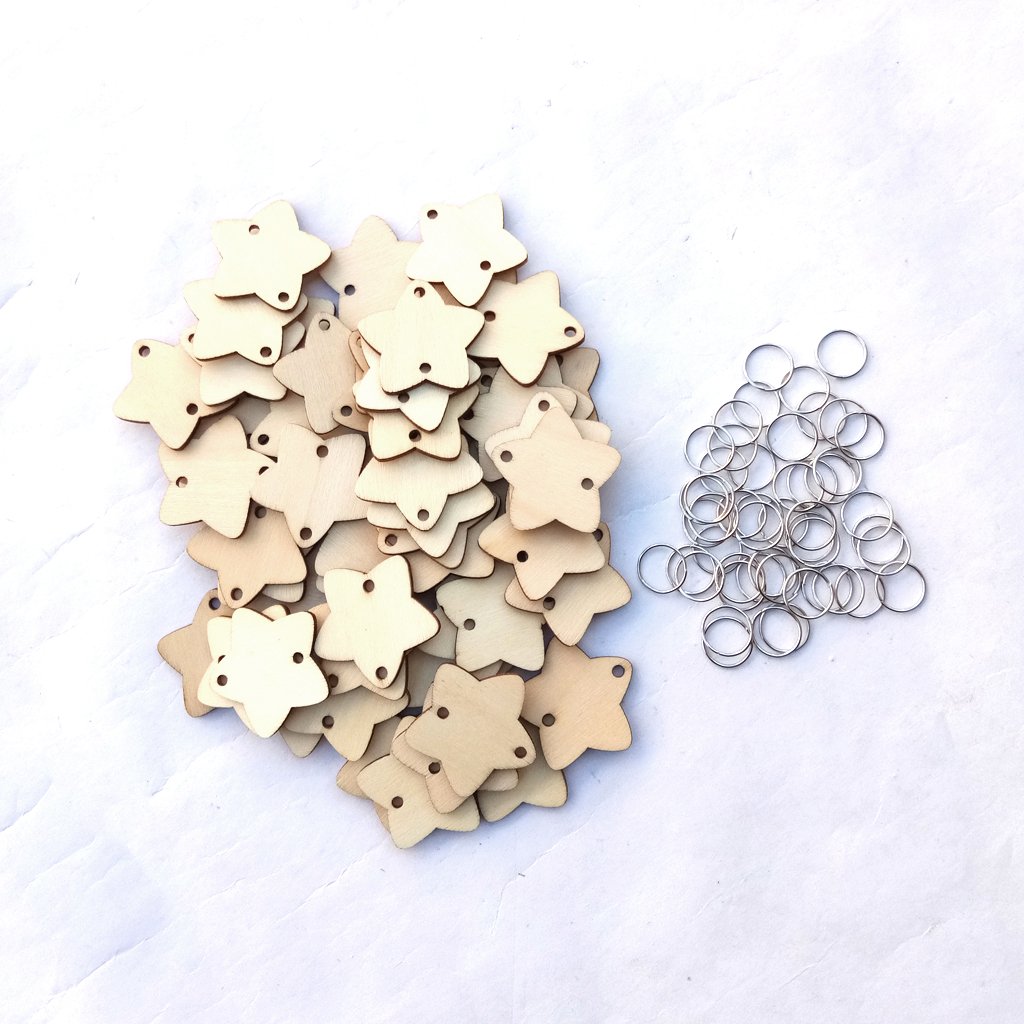 50Pcs Star Shape Laser Engraving Wooden Sheet With 50 Iron Loops Set For Birthday Reminder DIY Hangi
