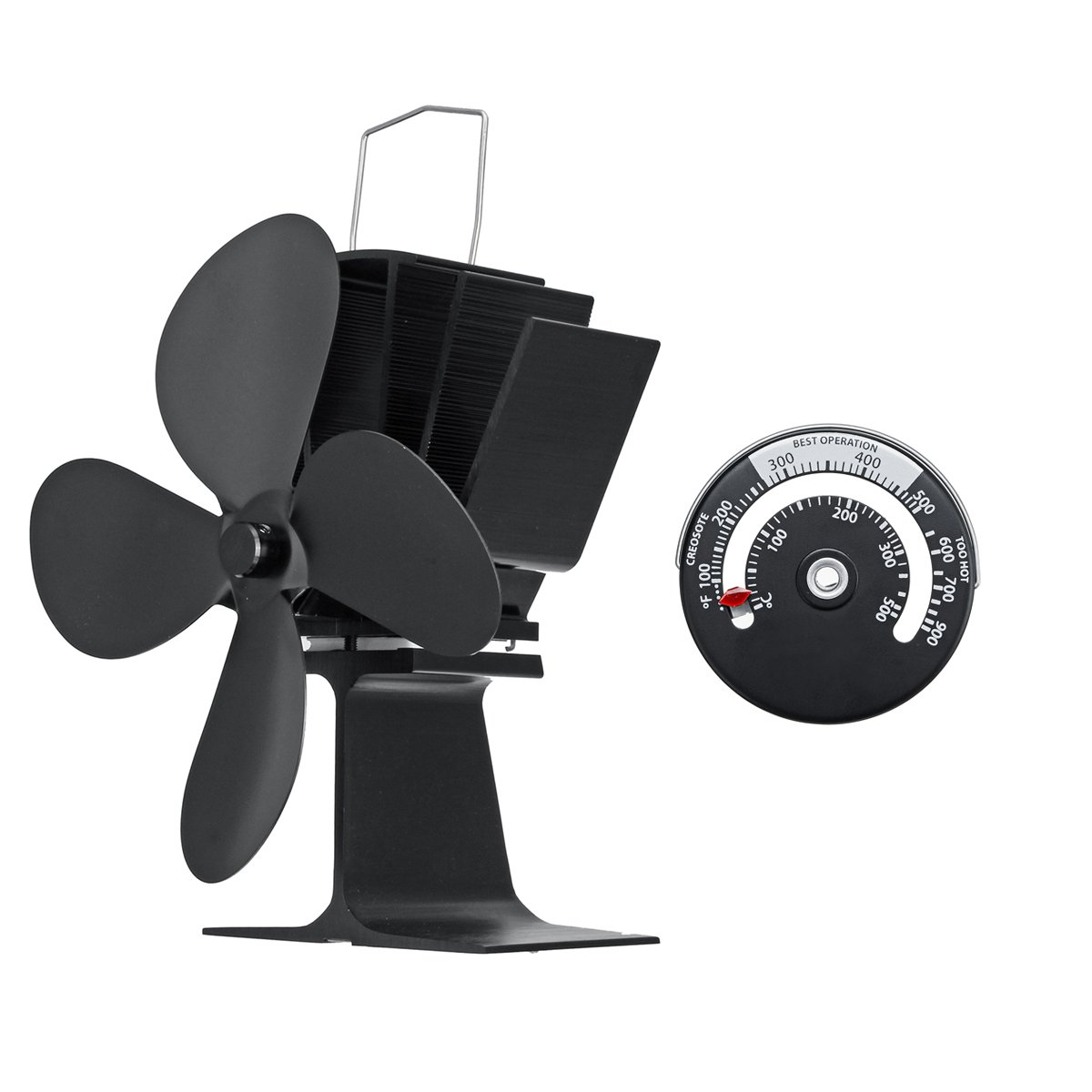 4 Blades Heat Powered Stove Fireplace Fan W/ Thermometer for Wood Log Burning Burner Stove