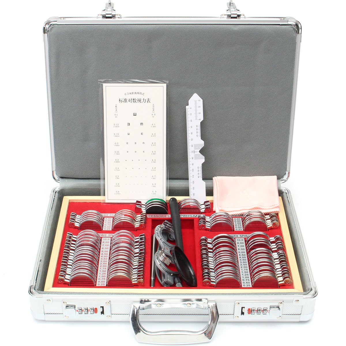 104Pcs Metal Optometry Test Glass Lens Mirror Optometry Frame Case Kit Set Concave Sphere
