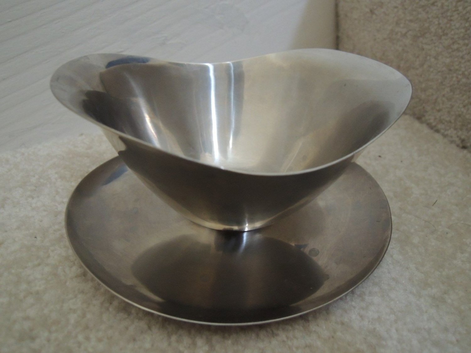 Gravy Bowl Attached Plate & Spoon Rest Stainless Steel Vintage