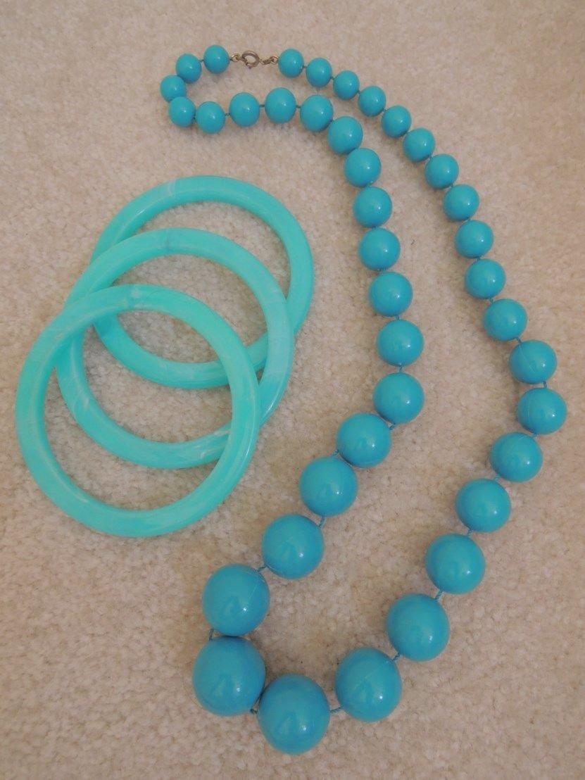 Necklace + 3 Matching Bangle Bracelets Turquoise Blue Costume Jewelry Set 1960s