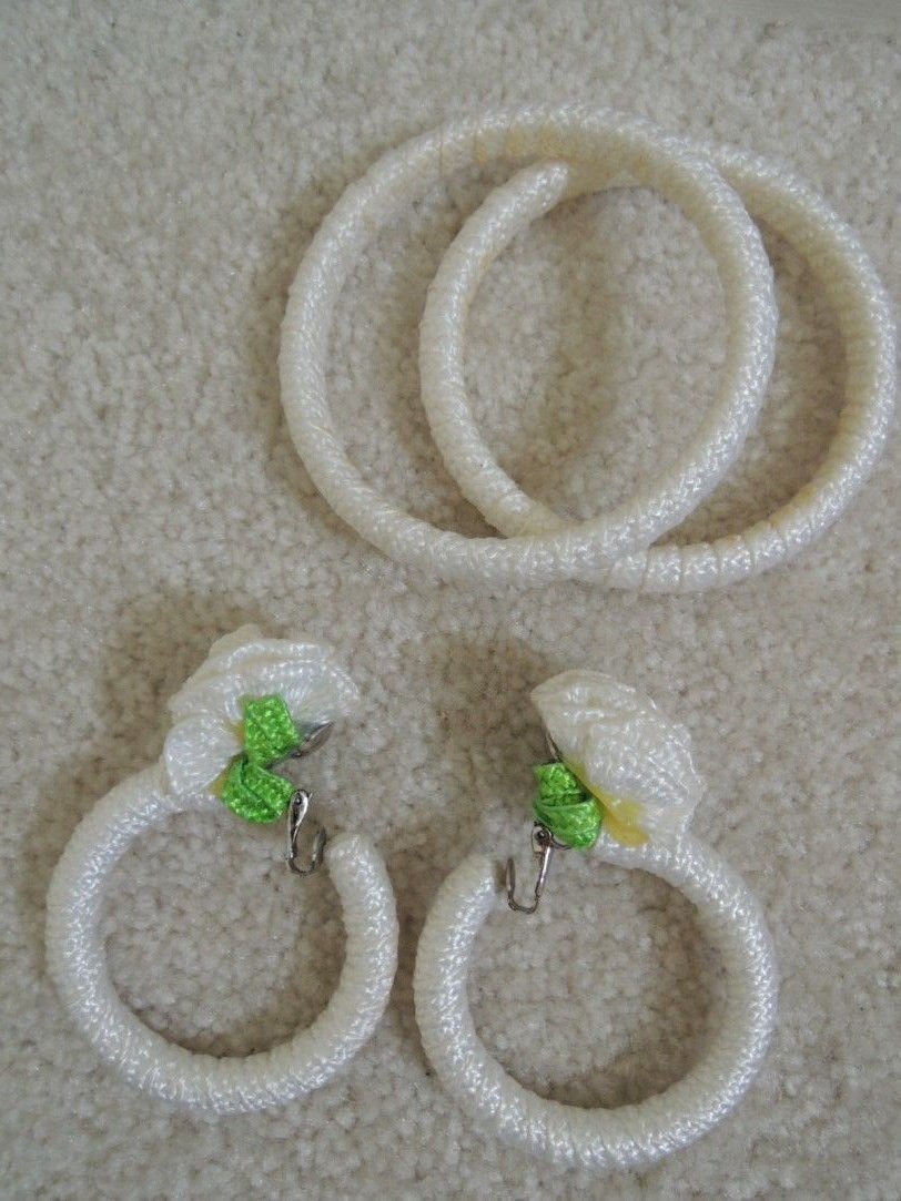 Bangle Bracelets + Matching Earrings White Fabric Carmen Miranda Style Jewelry