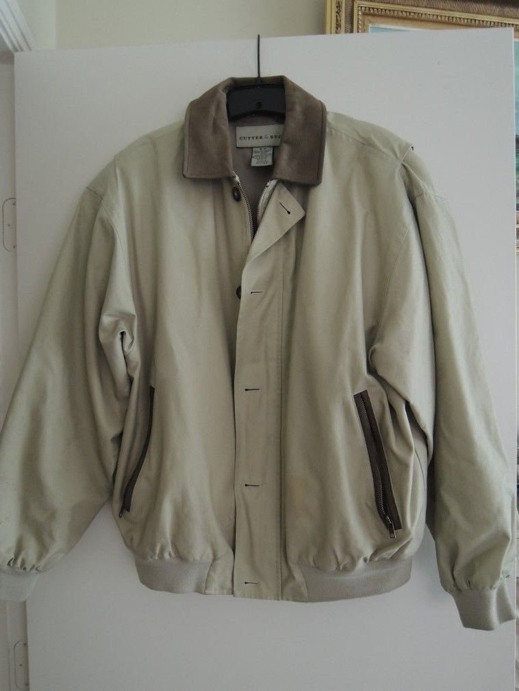Mens Jacket Size S Bomber Style Zip Button Front Khaki Tan Jacket Cutter & Buck