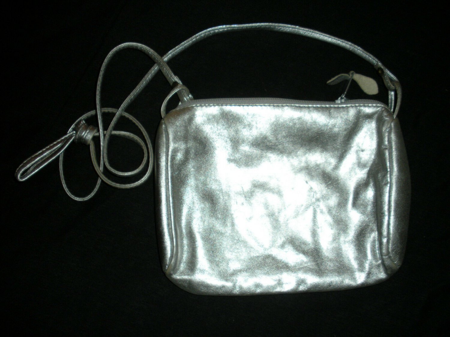 Ladies Evening Bag Silver Genuine Leather Purse Zipper Top Shoulder
