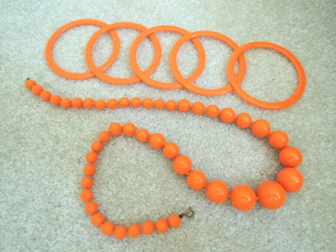 Necklace + 5 Matching Bangle Bracelets Bright Orange Costume Jewelry