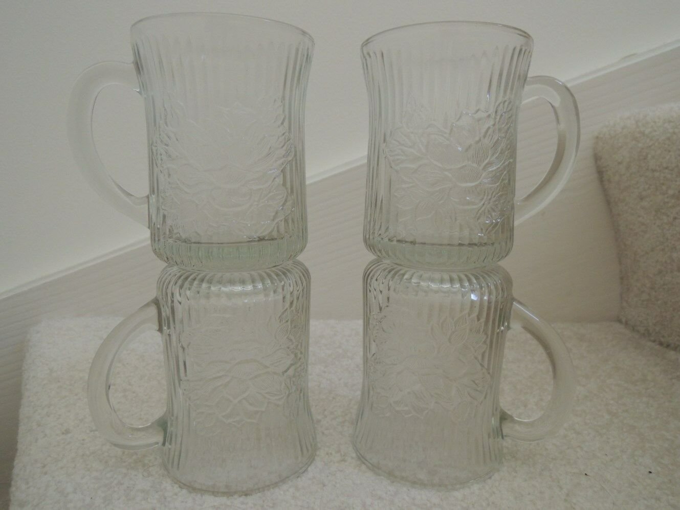Crystal Mugs 4 Clear Glass Drinking Mugs Fluted Floral Design Vtg 60s