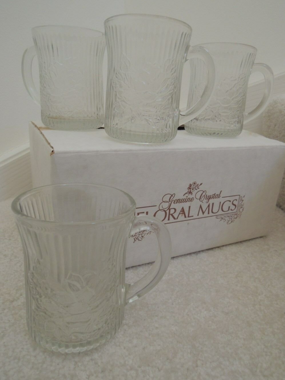 Crystal Mugs 4 Clear Glass Drinking Mugs Fluted Floral Design Vtg 60s