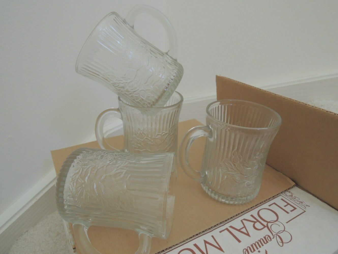 Crystal Mugs 4 Clear Glass Drinking Mugs Fluted Floral Design Vtg 60s