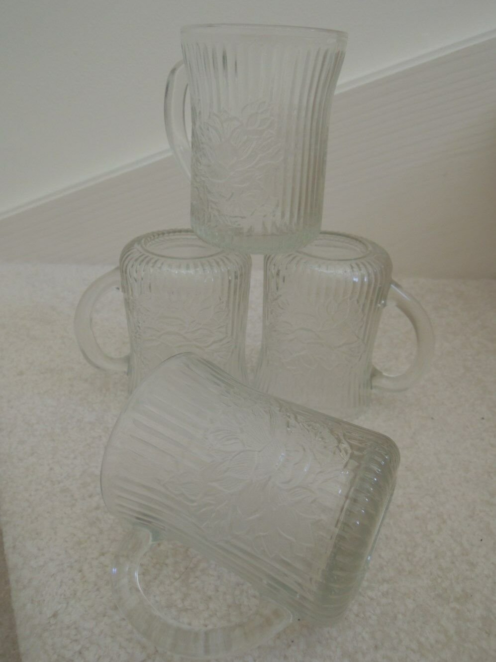 Crystal Mugs 4 Clear Glass Drinking Mugs Fluted Floral Design Vtg 60s