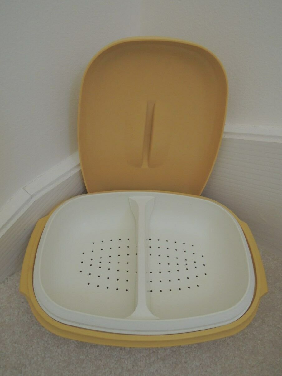 Tupperware Serving Dish Slotted Vegetable Platter - Straining Server + Lid - VTG