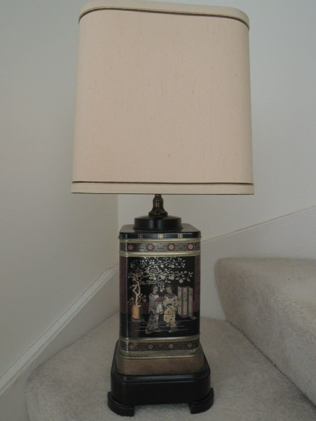 Asian Tea Tin Lamp Neutral Shade Vtg Chinese Tea Caddy Lamp Gold + Red on Black