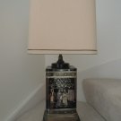 Asian Tea Tin Lamp Neutral Shade Vtg Chinese Tea Caddy Lamp Gold + Red on Black Asian Tea Tin Lamp Neutral Shade Vtg Chinese Tea Caddy Lamp Gold + Red on Black