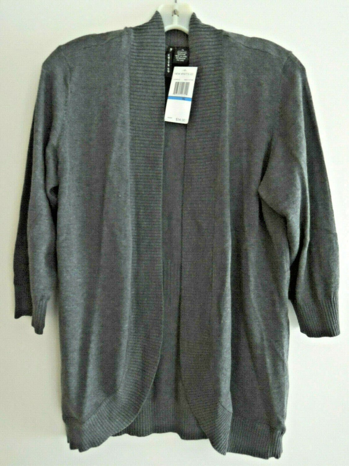 Ladies Top Size XL Open Front Cardigan Heather Gray Ribbed Knit 3/4 Sleeve NEW