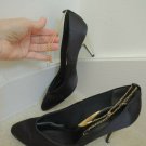 Ladies Shoes Size 8 1/2 M Black Satin 3 1/2 " Gold Heels Ankle Chain $120 Value Ladies Shoes Size 8 1/2 M Black Satin 3 1/2 " Gold Heels Ankle Chain $120 Value