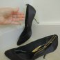 Ladies Shoes Size 8 1/2 M Black Satin 3 1/2 " Gold Heels Ankle Chain $120 Value