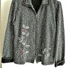 Ladies Jacket Size M Textured B/W Zip Front Floral Embroidery Accent L/S Top EUC