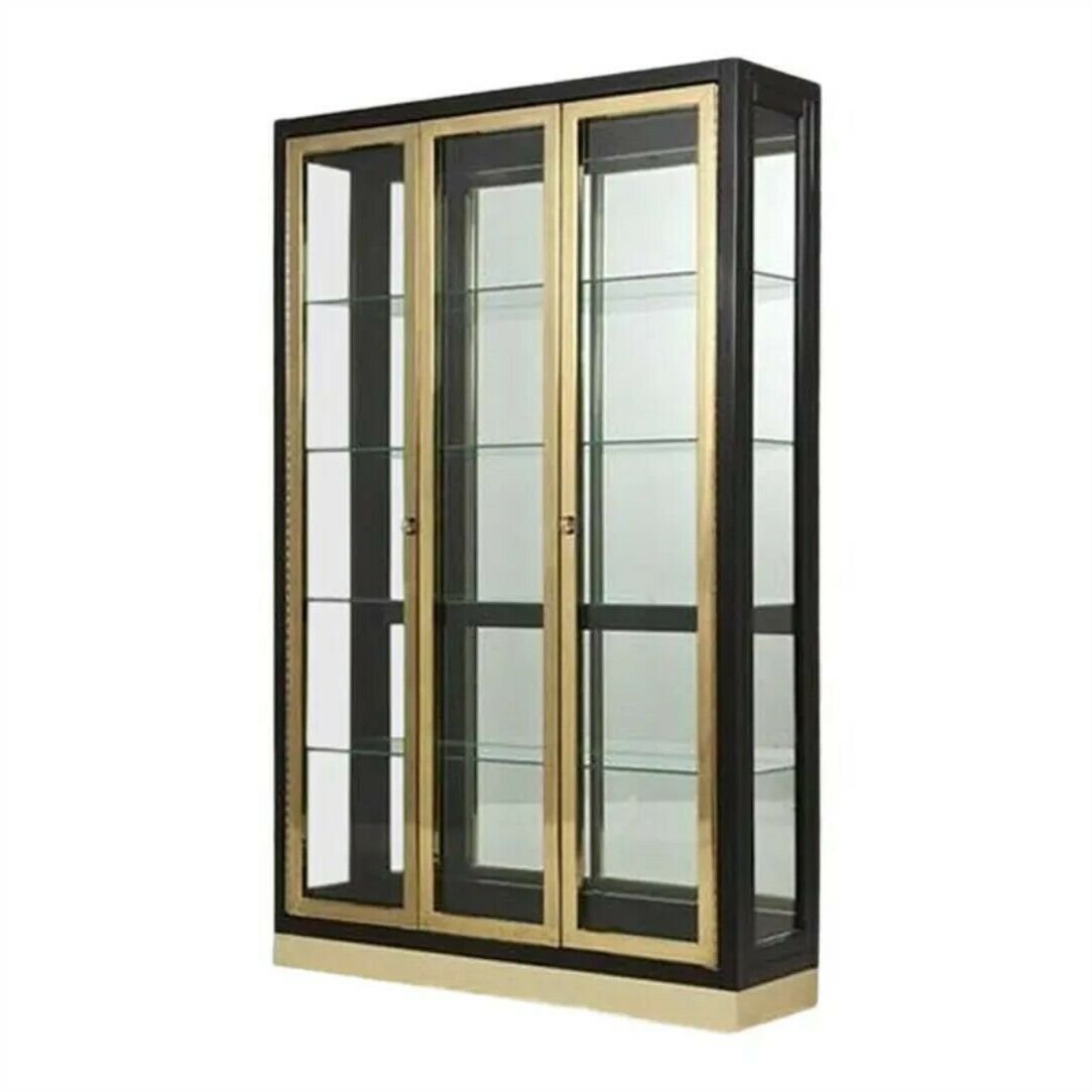 Display Cabinet by Henredon -Black Lacquer + Brass + Glass Lighted China Cabinet