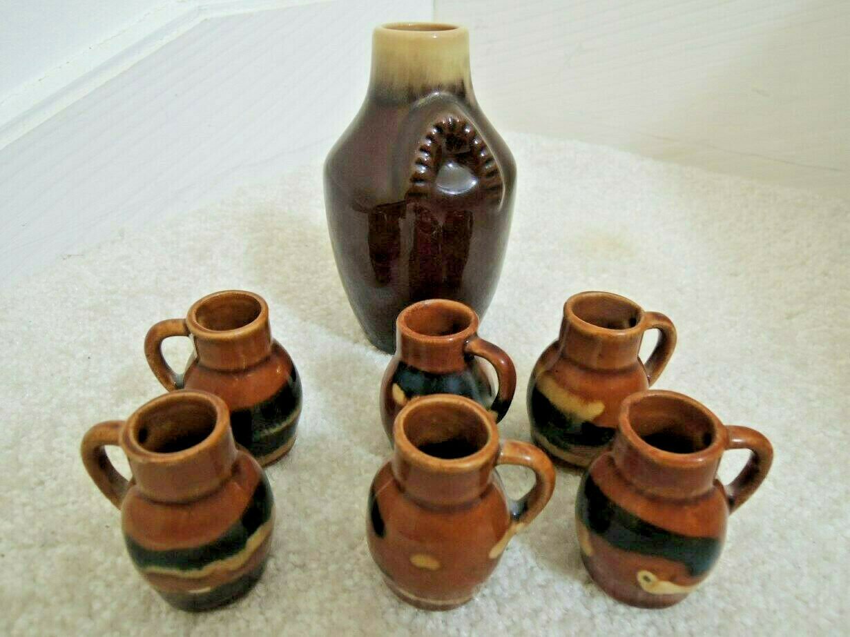 Carafe + 6 Cups Ceramic Pottery Sake Liquor Drink Hand Crafted Flask Set Vtg 50s