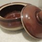 Monmouth IL Pottery Stoneware Crock Bean Pot + Lid Maple Leaf Logo Brown Tan Vtg