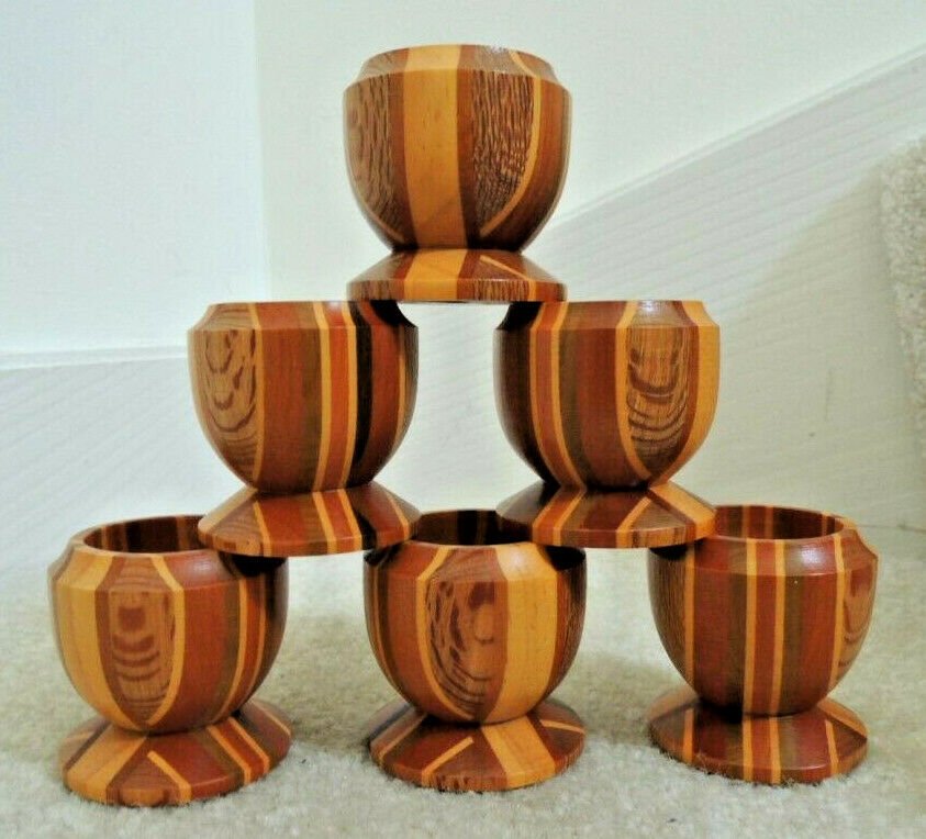 Egg Cups 6 Crafted Layered Wood Sovereign Woodworkers Wanganui New Zealand - Vtg
