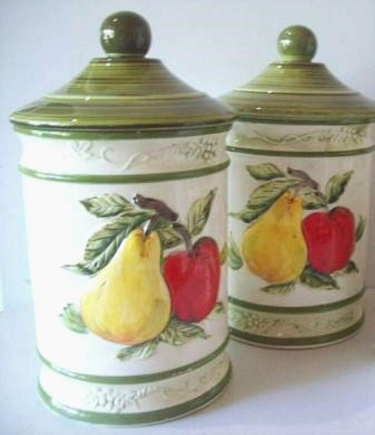 Kitchen Canisters 3D Raised Fruit Porcelain Ceramic Jars + Lids 2 Vtg Containers