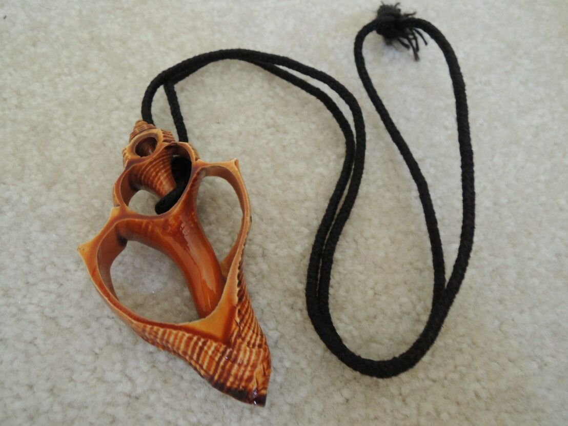 Pendant Shell on Black Rope Genuine Shell Warm Sienna Lacquered Necklace Vtg 80s