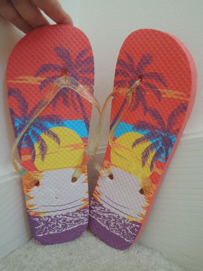 Flip Flops Size 10 L Sunset Palm Tree Theme Unisex Beach Thongs NEW