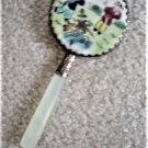 Asian Mirror with Jadeite Handle Hand Painted Chinese Scene Ornate Edge -Vintage