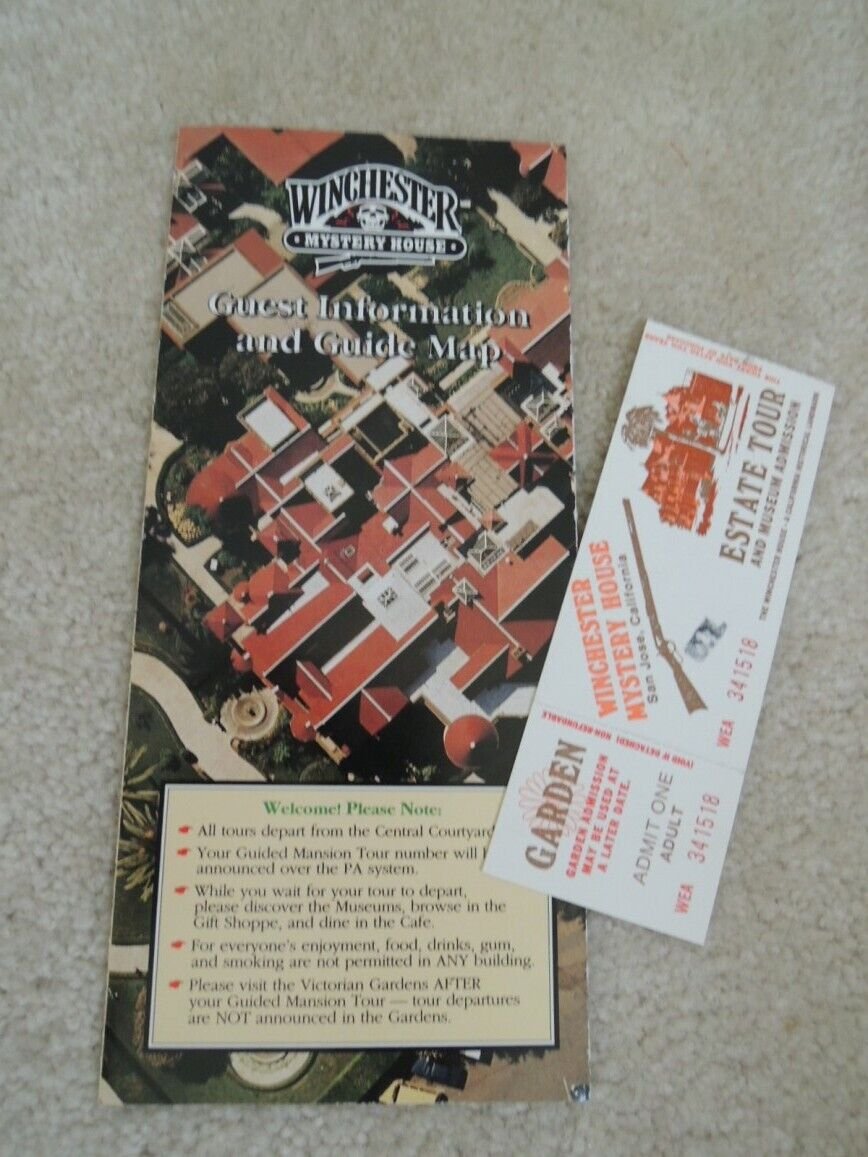 Winchester Mystery House Guide Map + Admission Ticket San Jose CA Vtg