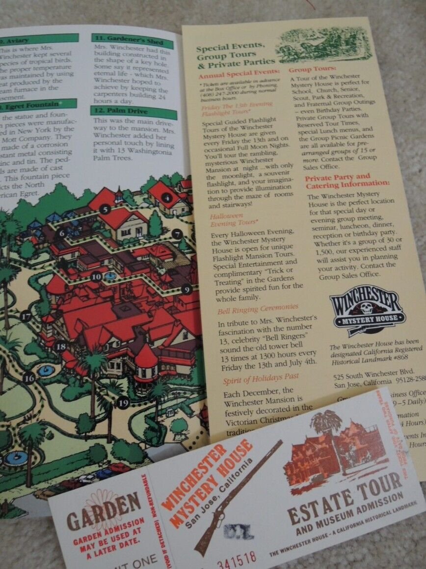 Winchester Mystery House Guide Map + Admission Ticket San Jose CA Vtg