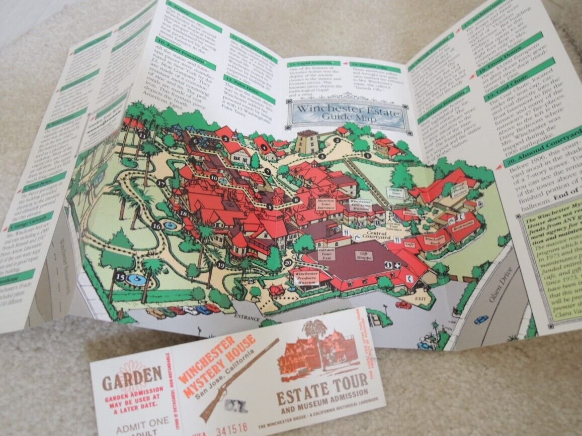 Winchester Mystery House Guide Map + Admission Ticket San Jose CA Vtg