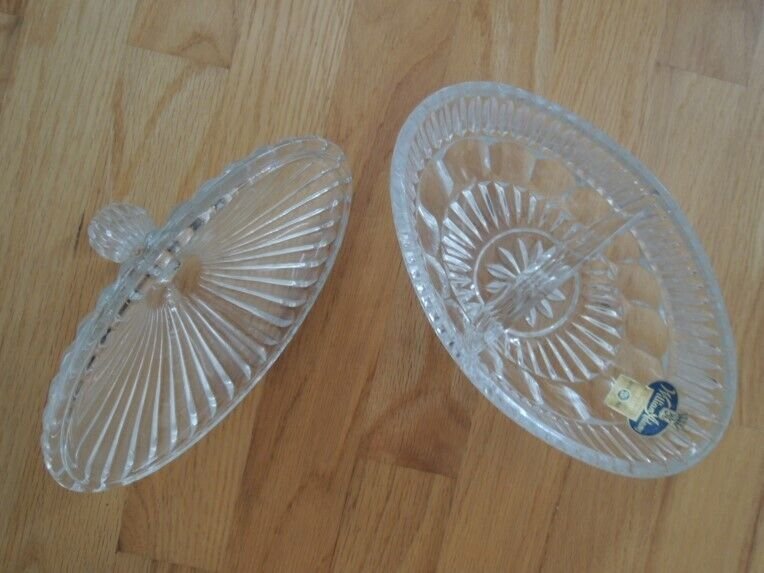 Lead Crystal Bowl Divided Dish + Lid + Spoons William Adams Relish Dish Vtg 50s