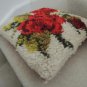 Toss Pillow Tufted Throw Pillow Red Floral Green Leaf Design on Off White - Vtg