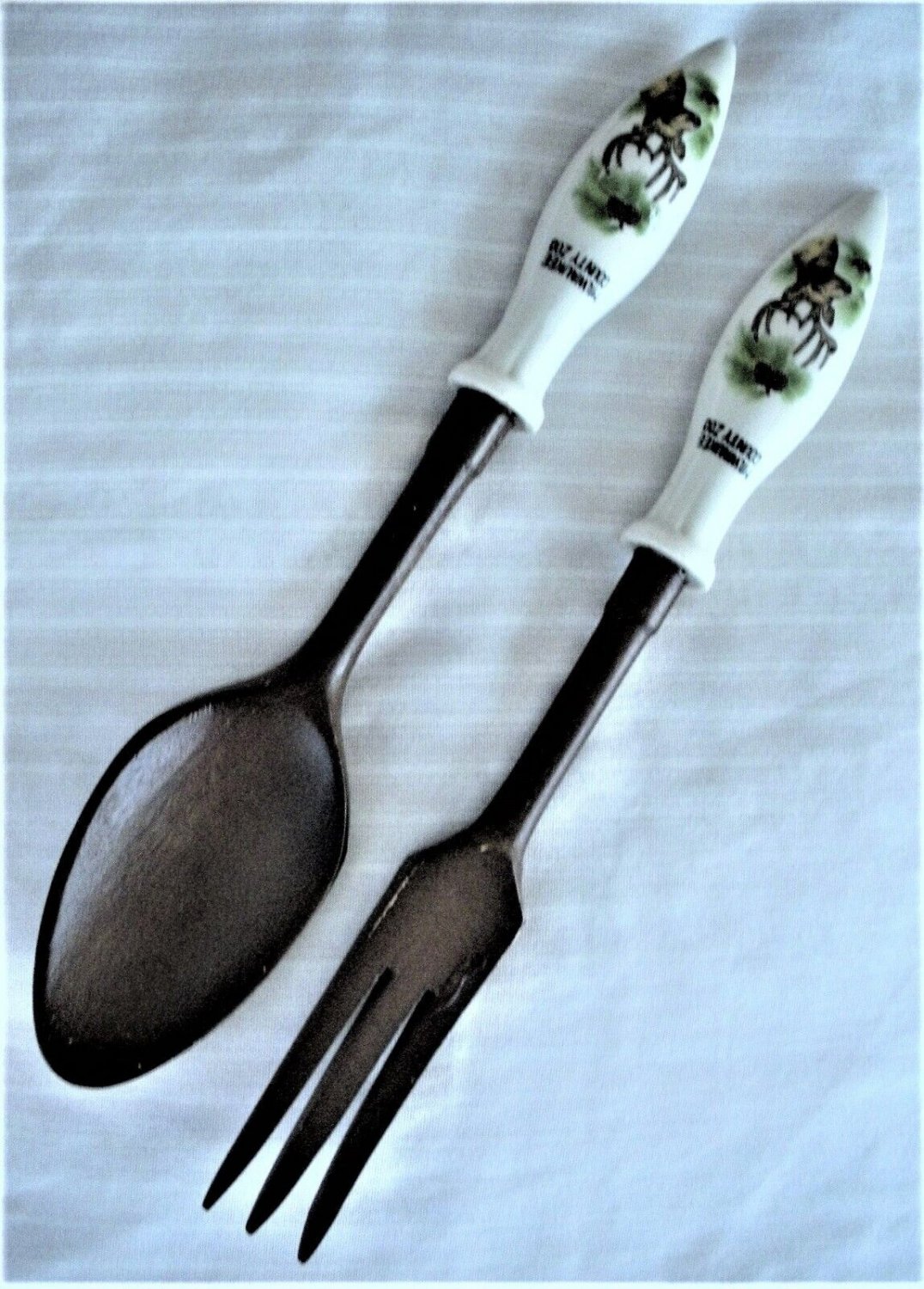 Wood Salad Fork + Spoon Painted Deer on Ceramic Handle 2 Piece Serving Set