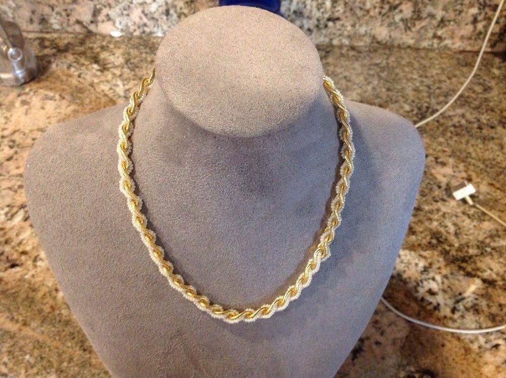 Vintage signed TRIFARI intertwined Faux Pearl gold tone chain necklace