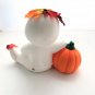 J Hall Ghost Halloween Fall Leaves Pumpkin Ceramic Orange White Figurine Vtg