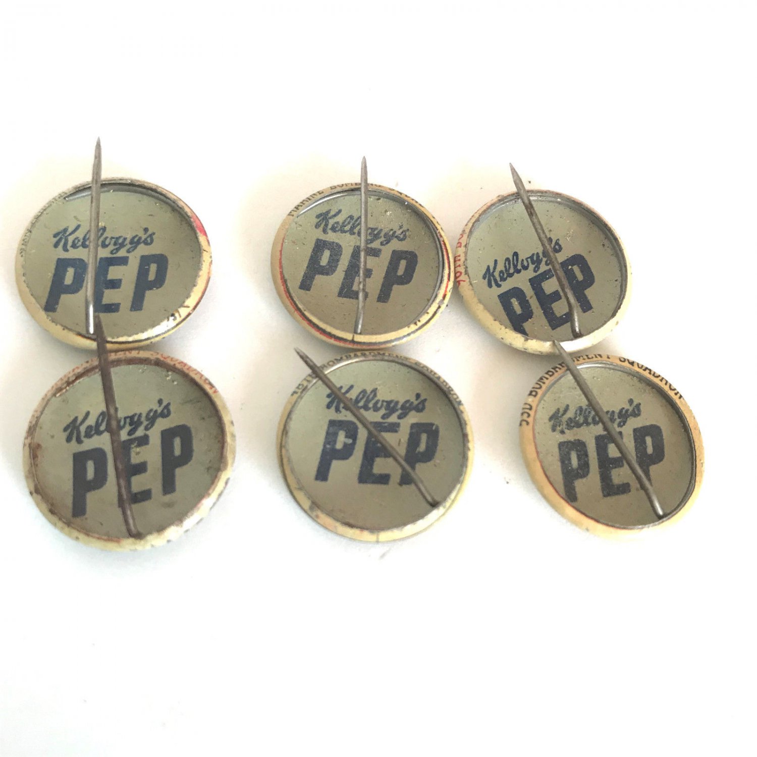 Kellogg's PEP Cereal Pins Pinbacks Buttons 1940's Vintage Lot Of 6