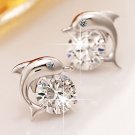 New Womens White Crystal Eyes Dolphin Stud Earrings Silver Plated Party Jewelry