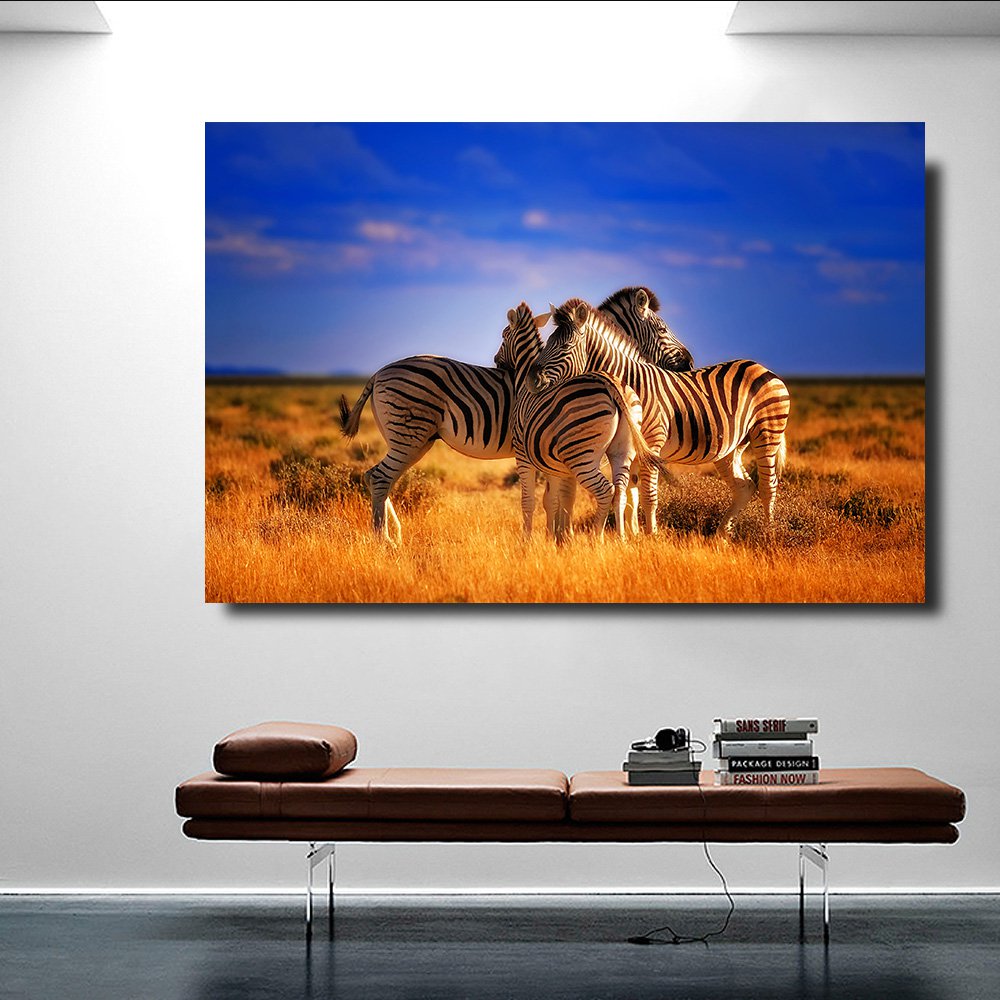 1 Panel HD Printed Zebras Sunset Landscape Posters Pictures Wall Art Canvas Painting-With Framed